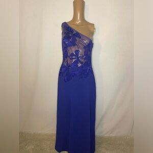 Halston heritage blue long floral beaded one shoulder semi sheer dress Sz 6